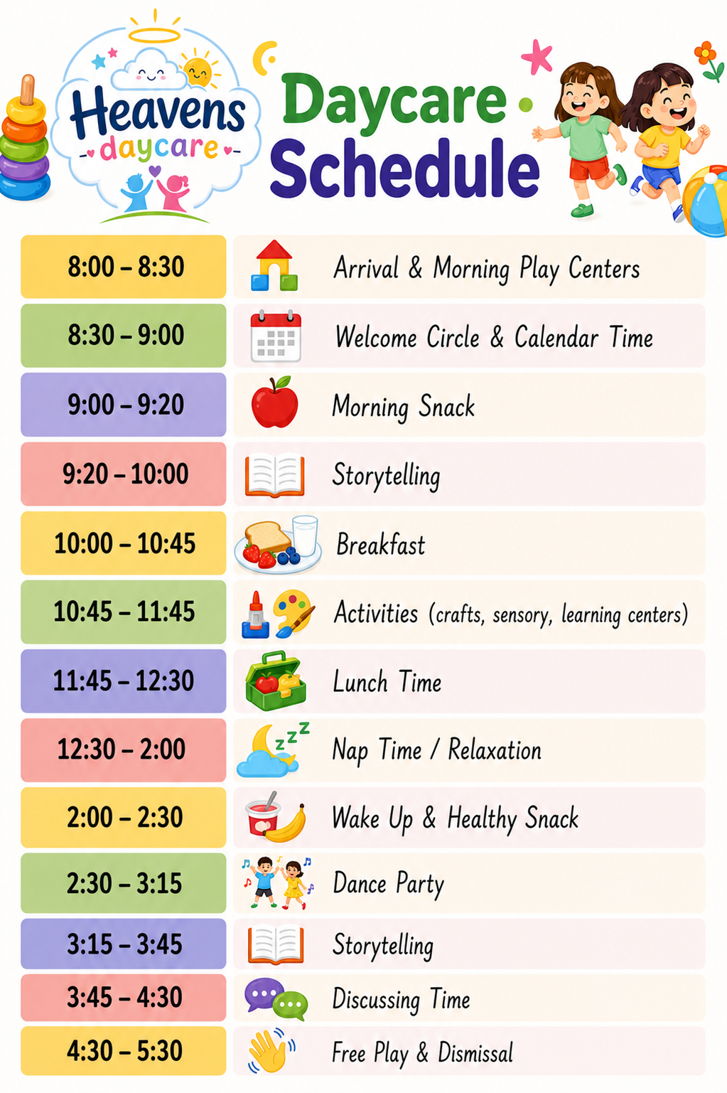 Heavens Daycare daily schedule